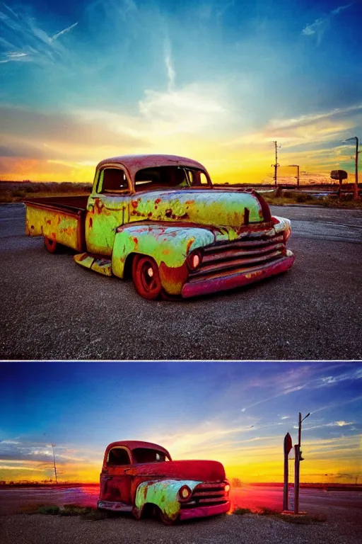 Image similar to a sunset light landscape with historical route 6 6, lots of sparkling details and sun ray ’ s, blinding backlight, smoke, volumetric lighting, colorful, octane, 3 5 mm, abandoned gas station, old rusty pickup - truck, beautiful epic colored reflections, very colorful heavenly, softlight