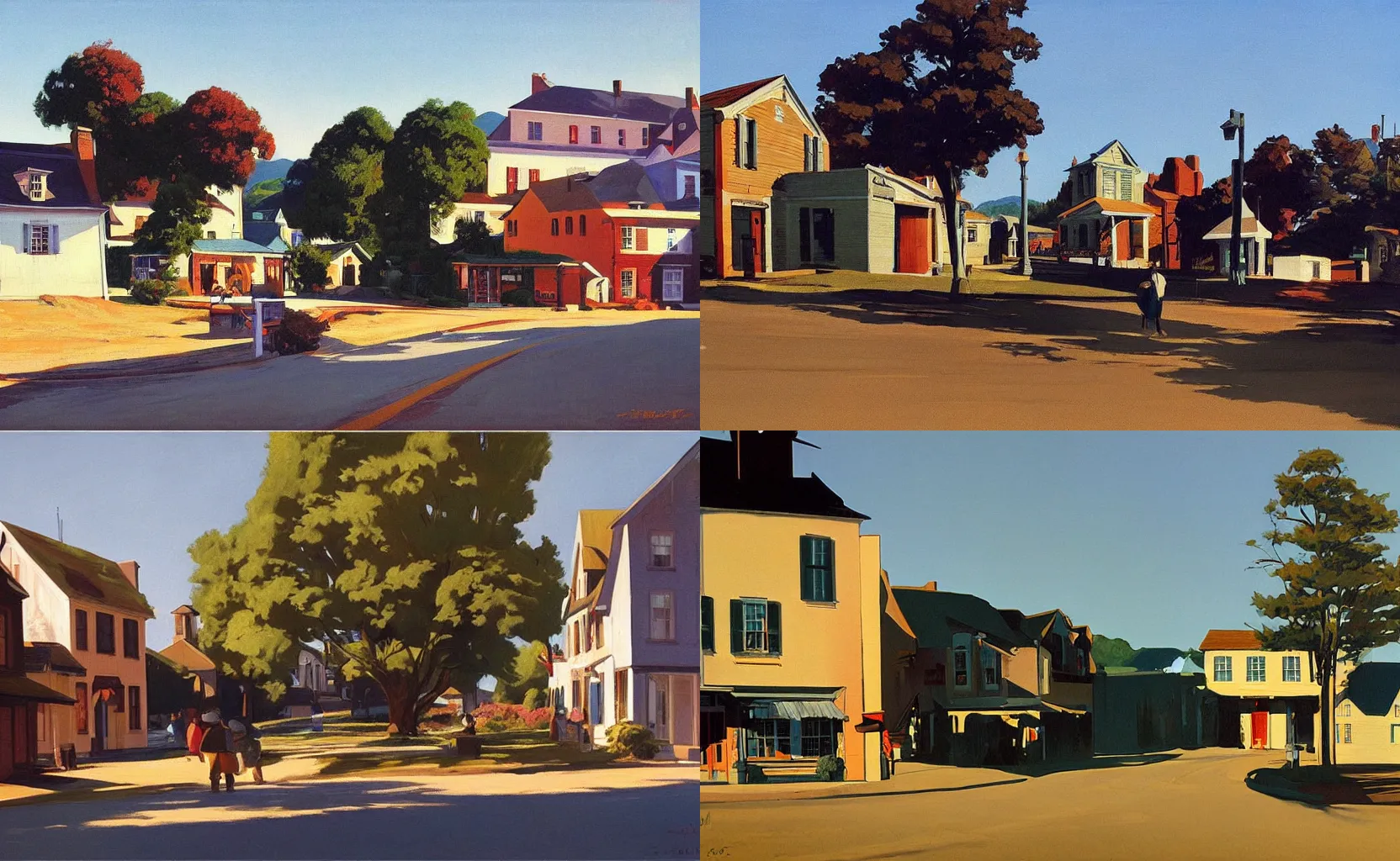 Prompt: a quaint rural town, painting by Syd Mead and Edward Hopper