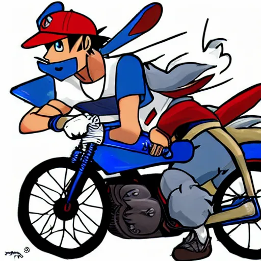 Image similar to ash ketchum playing magic the gathering on a motorcycle, digital art