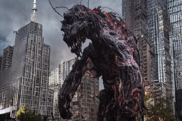 Prompt: Ominous still of Gargantuan, Mastodonic, Inter-Dimensional Behemoth Entity Monster designed by Moebius, GANTZ, H.R. Giger at devastated Toronto downtown district, chaotic riots in 2022, directed by James Cameron, denis villeneuve