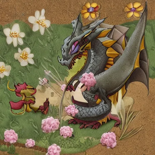 Prompt: a dragon protects a fragile little flower