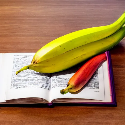 Image similar to photographic, hyperrealistic image, of a red banana, on top of a yellow book, on top of a dining table, detailed, HD, cinematic