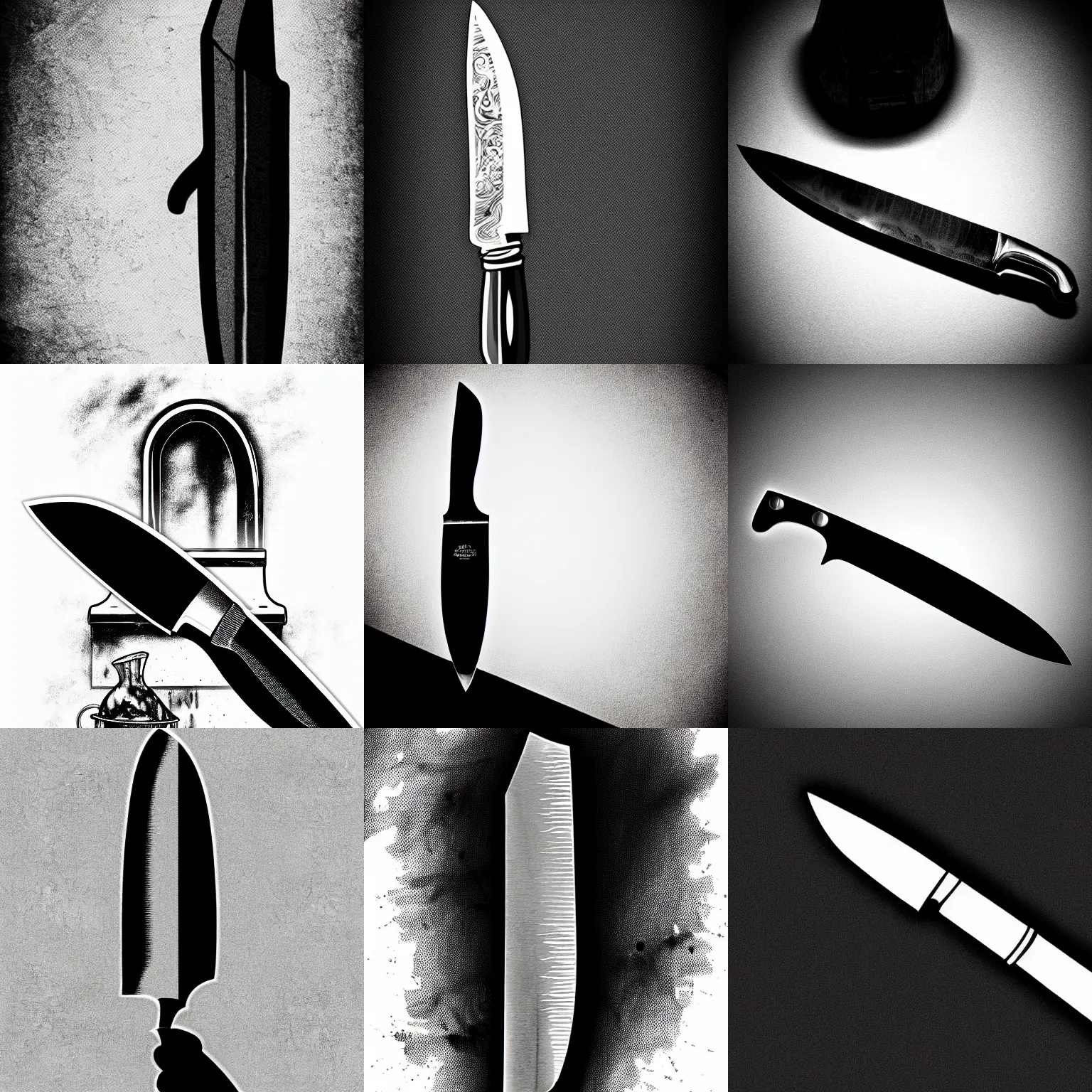 Prompt: pen and ink portrait of a bloody kitchen knife on a spotlight background, impressive scene. grainy and rough. black and white colour scheme. beautiful artistic detailed digital art