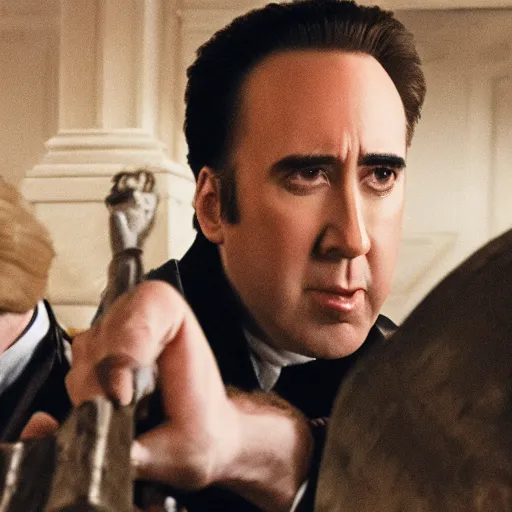 Prompt: Nick Cage stealing the declaration of independence, 4k photograph