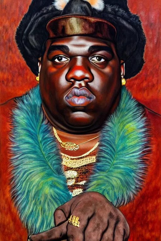 Image similar to full body!! a portrait of biggie smalls aka notorious b. i. g. wearing boho - chic style clothes, with a fur muffler and feathers, realistic painting in egon schiele style, masterpiece, hyperdetailed, complex, intricate, 4 k, hyperrealistic, trending on artstation