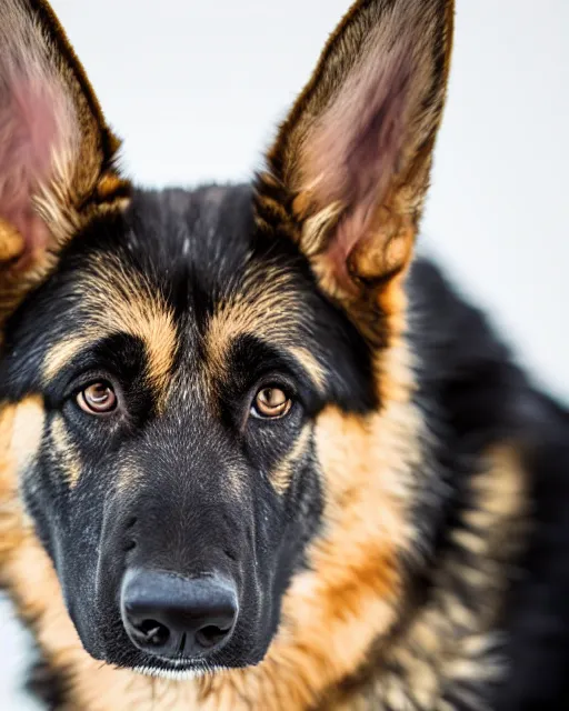 Image similar to A studio portrait of a German Shepherd dog, bokeh, 90mm, f/1.4