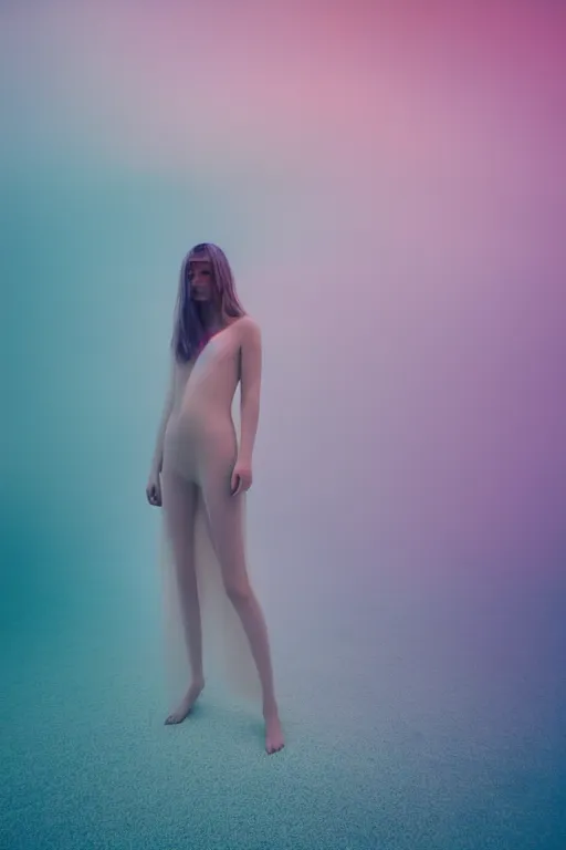 Image similar to high quality pastel coloured film close up wide angle photograph of a model wearing clothing swimming on cloud furniture in a icelandic black rock!! environment in a partially haze filled dreamstate world. three point light, rainbow. photographic production. art directed. pastel colours. volumetric clouds. pastel gradient overlay. waves glitch artefacts. extreme facial clarity. 8 k. filmic.