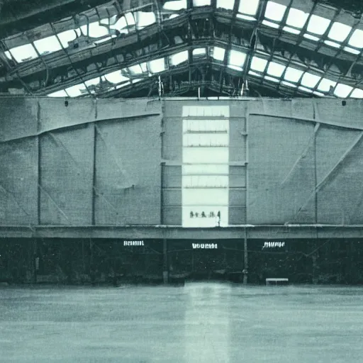 Prompt: an alien craft inside a hanger, old photo, vintage photo, grainy, realistic, real photo,