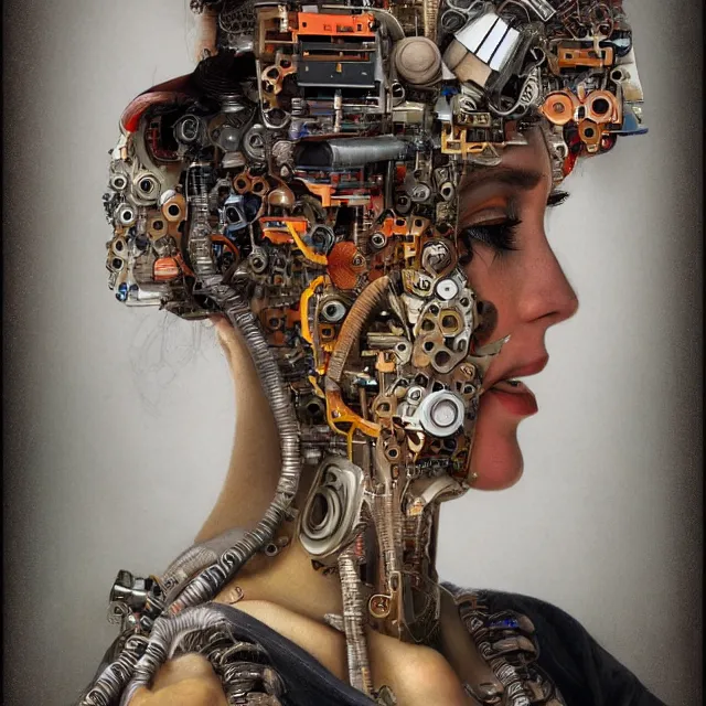 Image similar to profile portrait of a woman, computer parts, mechanical parts, by giuseppe arcimboldo, cyberpunk, futuristic, psychedelic, surreal, sci - fi, dreamlike, fantasy.