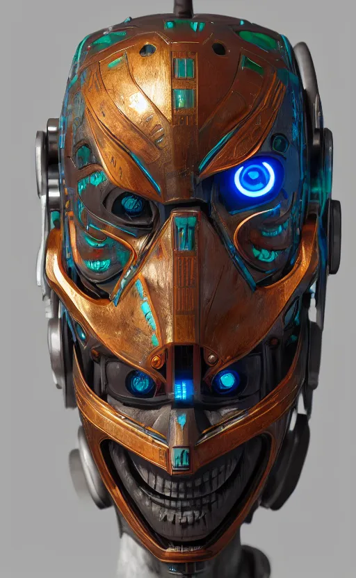 Image similar to cyberpunk tribal mask, robot, japanese pottery, vivid colors, wood, metal, intricate details, trending on cgsociety, concept art, glowing eyes, sharp focus, ultra realistic details, cinematic atmosphere, global illumination, shadows, octane render, 8 k