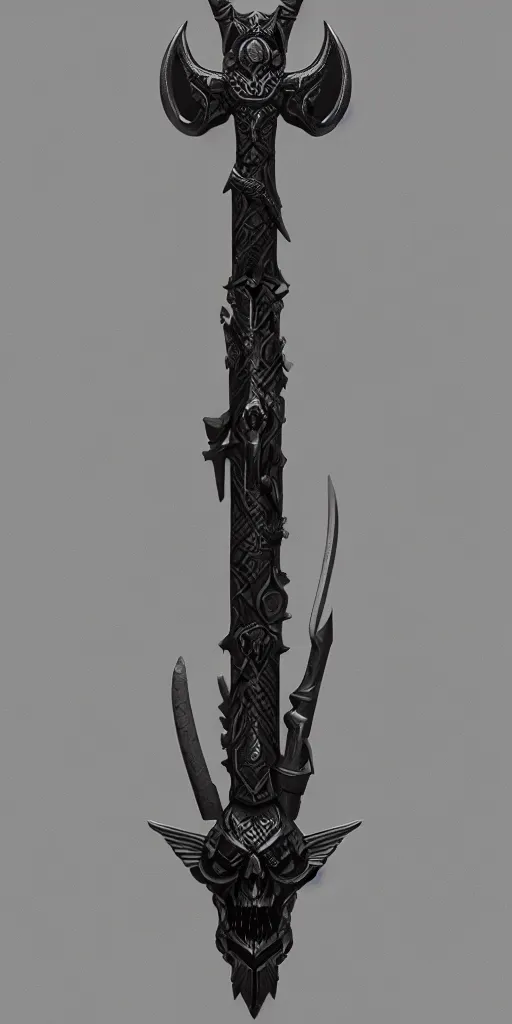 Image similar to a black and silver sword skull crest, orthographic, ornament, weapon, a 2 d render by dom qwek, front side, concept art, trending on polycount, artstation, hard surface modeling, rendered in maya, zbrush, hd, vray, blizzard, symmetry