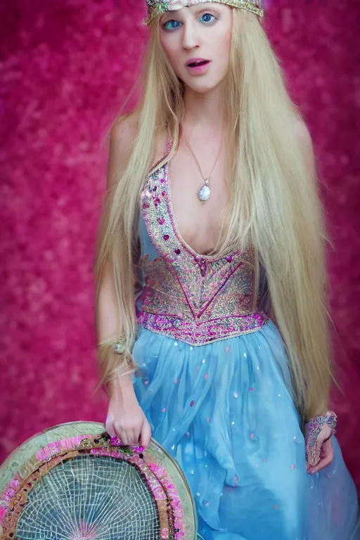 Image similar to a princess with long blonde hair and light blue eyes wearing a strapless elaborately beaded pink dress standing next to a canvas army tent, high resolution film still, 8k, HDR color, film by Simon Langton and David Frankel, triangular face, very light freckles, round narrow chin, straight jawline, natural lips, high cheekbones, beautiful gazing eyes