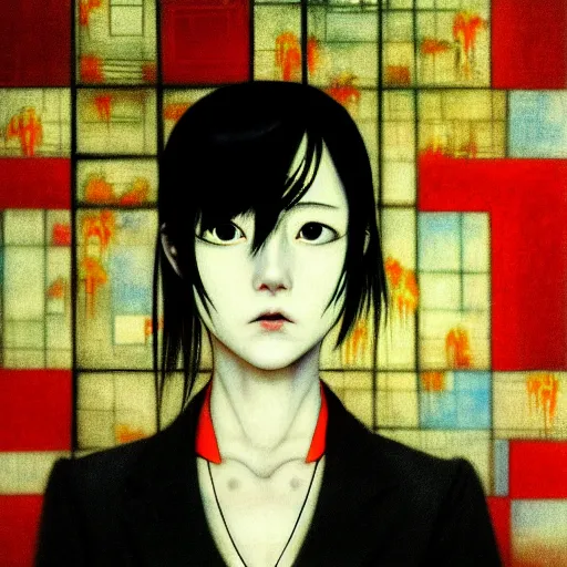 Image similar to yoshitaka amano blurred and dreamy realistic three quarter angle horror portrait of a sinister young woman with short hair, and black eyes wearing office suit with tie, junji ito abstract patterns in the background, satoshi kon anime, noisy film grain effect, highly detailed, renaissance oil painting, weird portrait angle, blurred lost edges