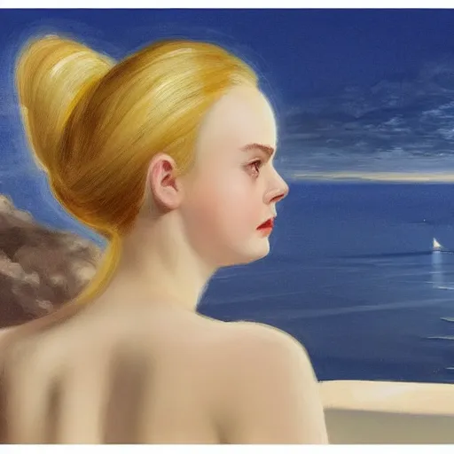 Image similar to Elle Fanning in Santorini at night, head and shoulders portrait, stormy weather, extremely detailed masterpiece, Roger Deakin’s cinematography, illustration, by Edward Hopper,