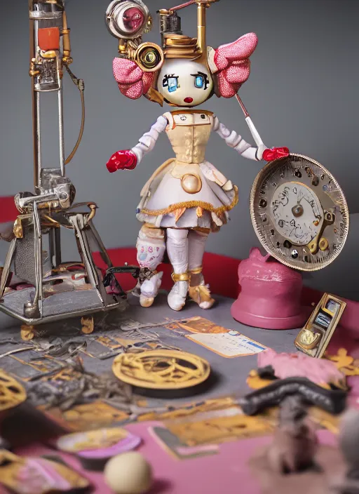 Image similar to product photography of a claymation action figure steampunk hello kitty, depth of field, zeiss lens, detailed, centered, by erwin olaf, joop geesink, wes anderson, breathtaking, 8 k resolution, extremely detailed, beautiful, establishing shot, realistic materials, hyperrealistic