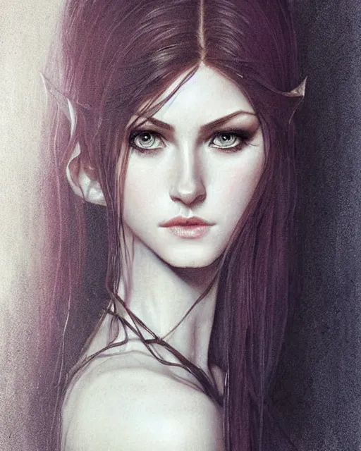 Image similar to portrait of katherine mcnamara elven mage, dark, piercing eyes, gentle expression, elegant clothing, photorealistic, highly detailed, artstation, smooth, sharp focus, art by michael whelan, artgerm, greg rutkowski and alphonse mucha