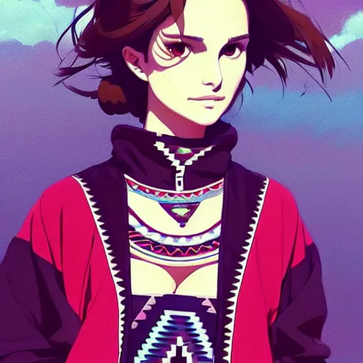 Image similar to a beautiful! boyish! natalie portman alluring gravure! model, wearing oversized aztec bomber jacket and leotard, poofy bomber jacket with mayan patterns, gapmoe yandere grimdark, trending on pixiv fanbox, painted by greg rutkowski makoto shinkai takashi takeuchi studio ghibli, akihiko yoshida