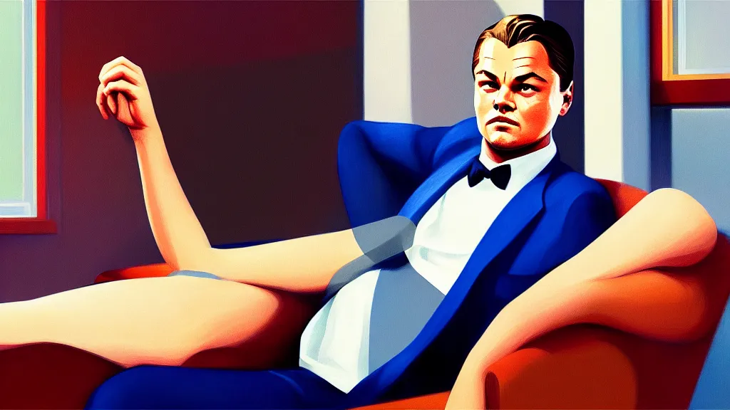 Image similar to beautiful illustration of a Leonard DiCaprio by Edward Hopper, clean lines, very detailed, colorful octane render