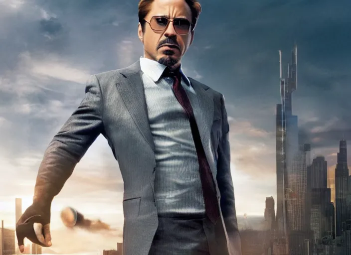 Image similar to film still of Robert Downey Jr as Cobb with the world bending in the background in Inception, 4k