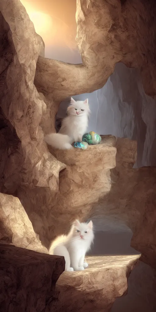 Image similar to white fluffy cat on a throne inside of slot canyons, colorful, behance contest winner, vanitas, angular, altermodern, unreal engine 5 highly rendered, global illumination, radiant light, detailed and intricate environment