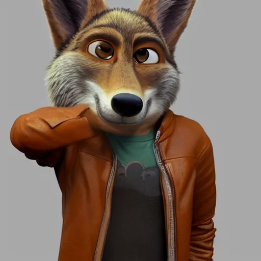 Image similar to portrait, 3 d render, anthropomorphic coyote male, wearing along brown leather jacket, in the style of zootopia, centered on face