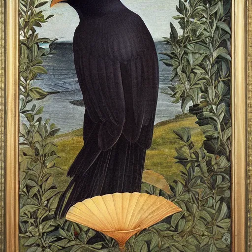 Image similar to high quality oil painting by botticelli, a raven bird standing on an open scallop shell