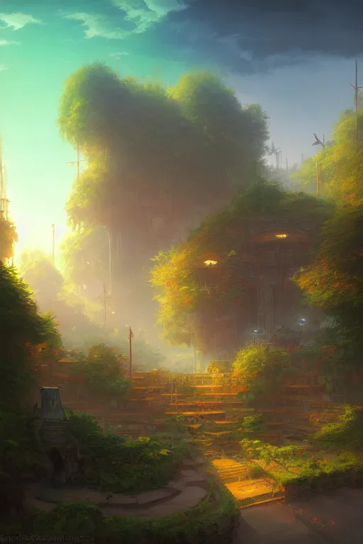 Image similar to solarpunk landscape,, andreas rocha style