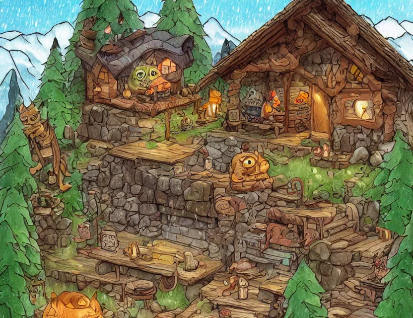 Image similar to cute and funny, a cozy cabin carved into a mountain, heavy rain, ratfink style by ed roth, centered award winning watercolor pen illustration, isometric illustration by chihiro iwasaki, edited by range murata, tiny details by artgerm and watercolor girl, sharply focused