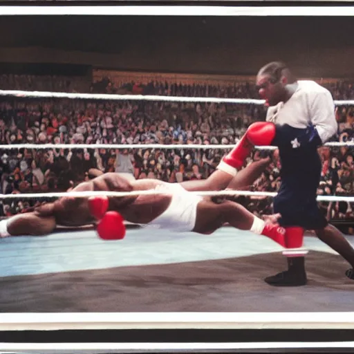 Prompt: a beautiful medium - shot of mike tyson punching to blood fat donald trump, beautiful soft light, sport photography, fast shutter speed, by annie leibovitz