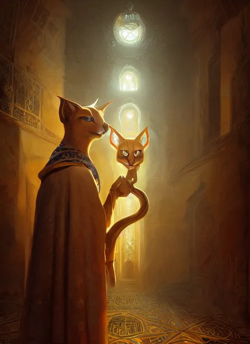 Prompt: surrealistic closeup portrait of anthropomorphic caracal in vr glasses in golden priest clothes in orthodox church, dynamic lighting, darkness, ambients, dramatic, foggy, heavy bokeh and blur, cinematic, depth of field, art by bussiere rutkowski andreas rocha