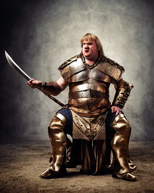 Prompt: chris farley as king conan, directed by john millius, photorealistic, sitting on a metal throne, wearing ancient cimmerian armor, a battle axe to her side, cinematic photoshoot in the style of annie leibovitz, studio lighting