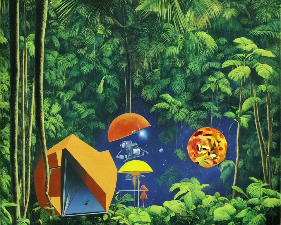 Prompt: an achingly beautiful print of the lunar module in the middle of a tropical rainforest by Raphael, Hopper, and Rene Magritte. detailed, romantic, enchanting, trending on artstation.