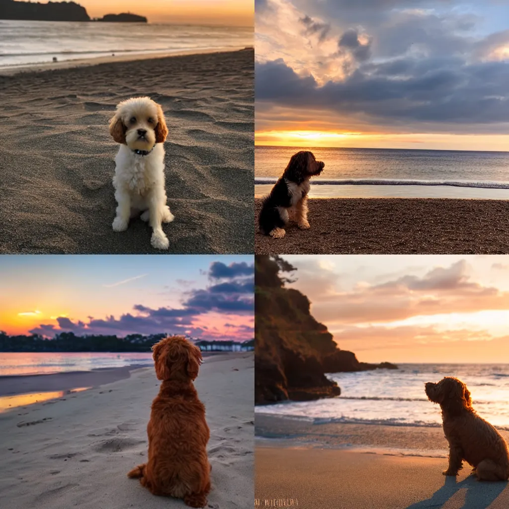 Prompt: Cavoodle dog looking at beautiful sunset at beach, rear view, detailed, golden hour sunlight, ocean in background, sand in foreground, 4k, photography