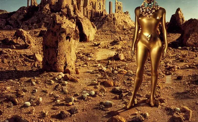 Image similar to portrait of salvador dali wearing a crown and golden dress with jewels in a dry rocky desert landscape, visible sky and sunny atmosphere, alien ruins by giger in the background, film still from the movie by alejandro jodorowsky with cinematogrophy of christopher doyle and art direction by hans giger, anamorphic lens, kodakchrome, very detailed photo, 8 k