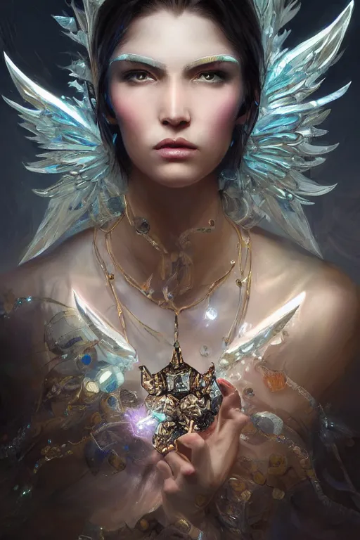 Image similar to beautiful model face coreved with diamonds wearing crystals, diamonds, angel, fantasy, dramatic lighting, highly detailed, digital painting, holding electricity, magic the gathering, hyper detailed, 3 d render, hyper realistic detailed portrait, peter mohrbacher, wlop, ruan jia