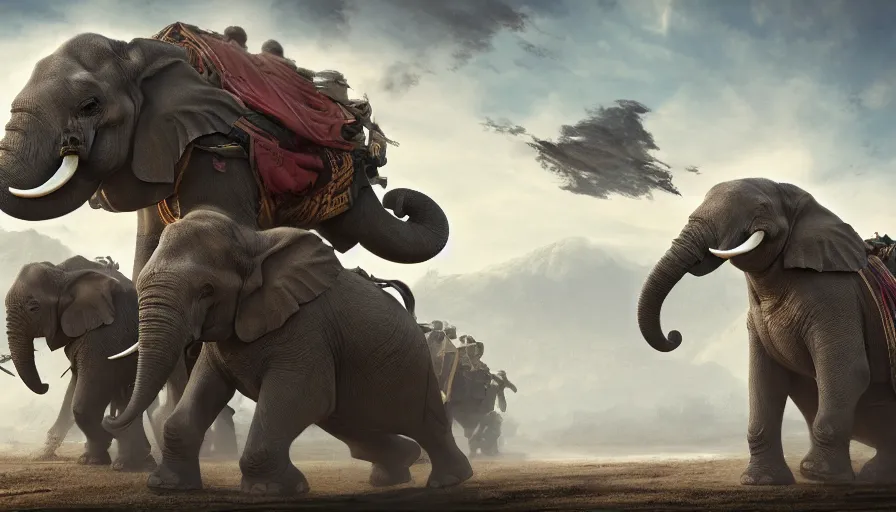 Image similar to matte painting of a beautiful fight scene of two warloads ride on their war - elephents in the center of the scene, digital art, trending on artstation