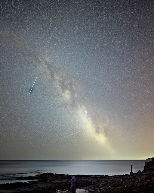 Image similar to perseid meteor shower over the giant's causeway, in the style of the dutch masters and gregory crewdson, dark and moody, depth of field