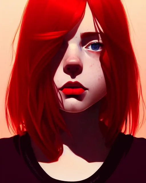 Prompt: a detailed portrait of a beautiful!!!! woman with red hair and freckles by ilya kuvshinov, digital art, dramatic lighting, dramatic angle