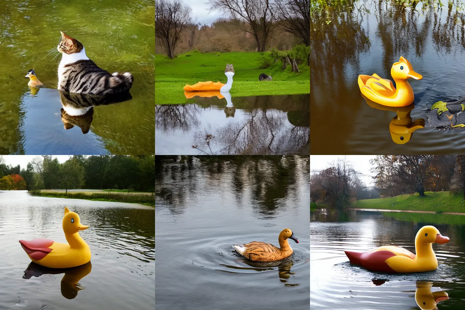 Prompt: a cat riding a giant duck in a pond, photography