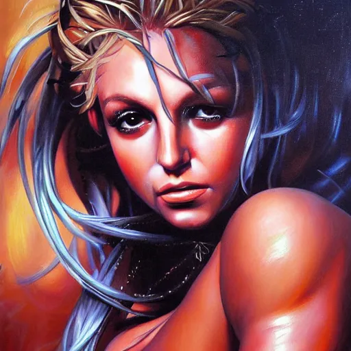 Image similar to detailed portrait of britney spears anime intricate, hyper detailed, realistic, oil painting, by julie bell, frank frazetta, cinematic lighting