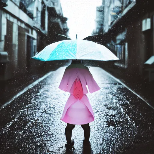 Prompt: hatsune miku walking down a rainy street, ef 8 5 mm f 1. usm