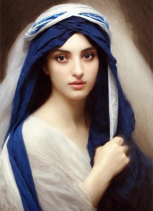 Prompt: arab Ameera al-Taweel, blue eyes, wavy black hair, tanned skin, white veil, intricate, elegant, highly detailed, artstation, concept art, sharp focus, ruan jia, jurgens, orientalism, bouguereau