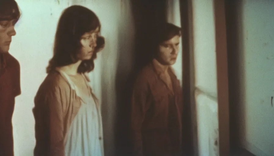 Image similar to 7 0 s film still from a horror movie of two young adults standing in profile and facing each other looking downwards while standing in a liminal space, kodachrome, cinecolor, cinestill, photorealism, cinematic, film grain, film texture, vhs recording