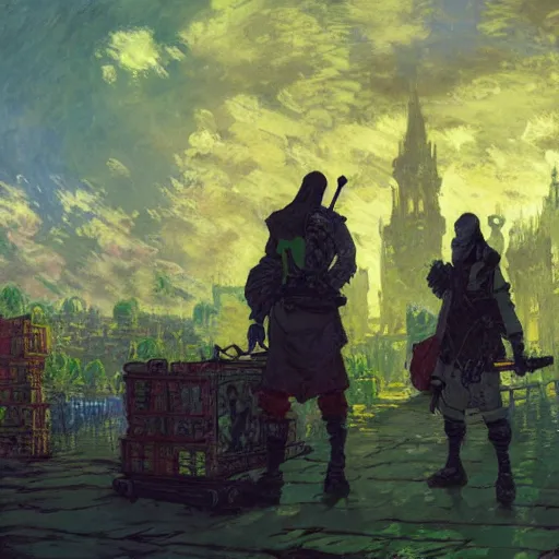 Prompt: The Adventurers shopping for equipment and supplies at the marketplace outside of the grimdarkest dungeon. trending on Pixiv. trending on ArtStation. A vibrant digital oil painting. A highly detailed fantasy character illustration by Wayne Reynolds and Charles Monet and Gustave Dore and Carl Critchlow and Bram Sels