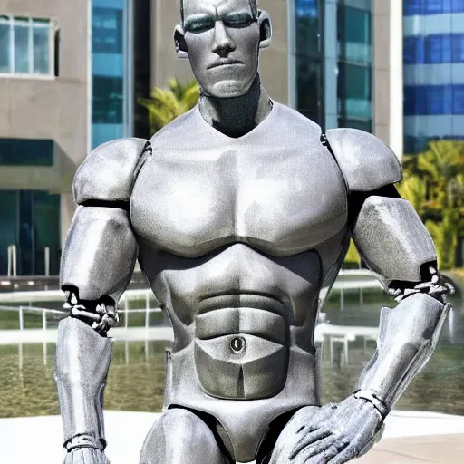 Image similar to a realistic detailed photo of a guy who is an attractive humanoid who is half robot and half humanoid, who is a male android, wrestler john cena, shiny skin, posing like a statue, blank stare, by the pool, on display, showing off his muscles, humanoid robot, frozen ice statue