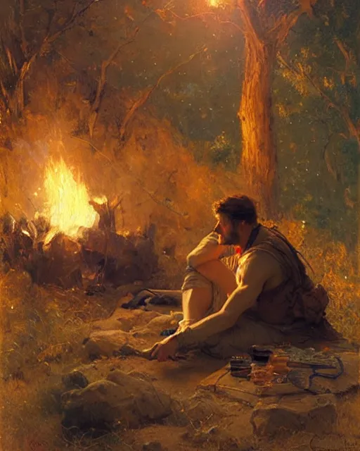 Prompt: very very attractive man contemplates his hands from beside the fire, his tent is nearby, nighttime, dim stars, bright firelight, melancholy, nostalgia, painting by gaston bussiere, craig mullins, j. c. leyendecker