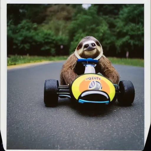 Prompt: photo of a sloth in a go kart on a race track, sloth is holding a banana, polaroid 6 0 0 film