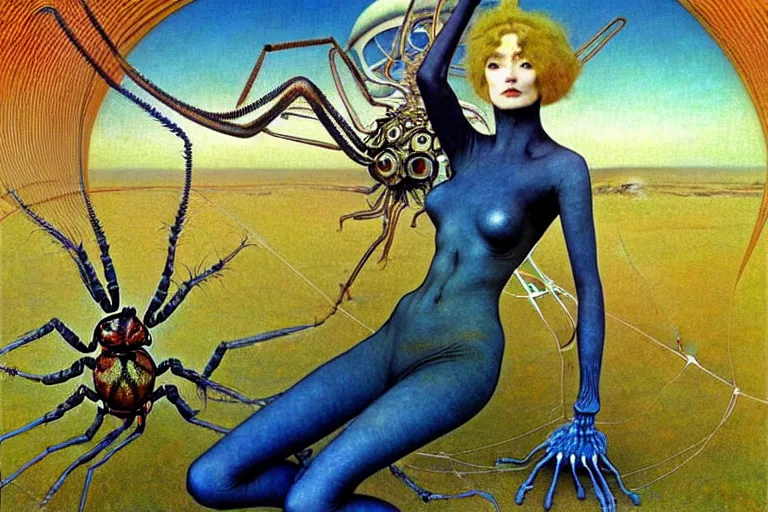 Prompt: realistic extremely detailed portrait painting of a fully dressed woman with a giant spider, futuristic sci-fi landscape on background by John Bauer, Amano, Yves Tanguy, Alphonse Mucha, Ernst Haeckel, Edward Robert Hughes, Roger Dean, rich moody colours, blue eyes