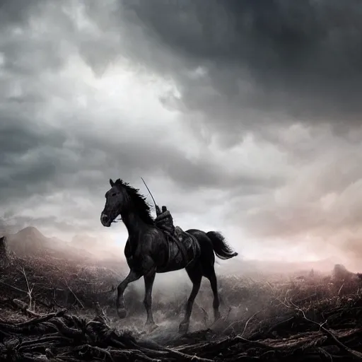 Prompt: the third horseman, famine on the black horse, giant, dark fantasy, fighting army of little people, evening, grey clouds, dead forest background, highly detailed, realistic, storm, medieval, dramatic lighting, rendered with octane