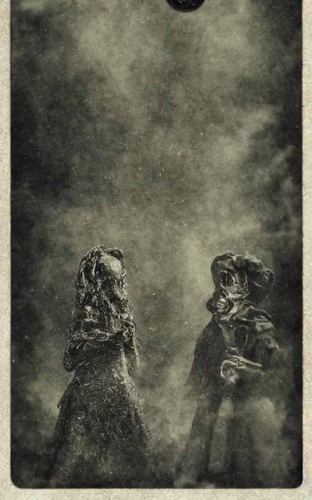 Prompt: wet plate sun tarot card victorian era, coal dust, ghosts in the background, in the style of brothers quay